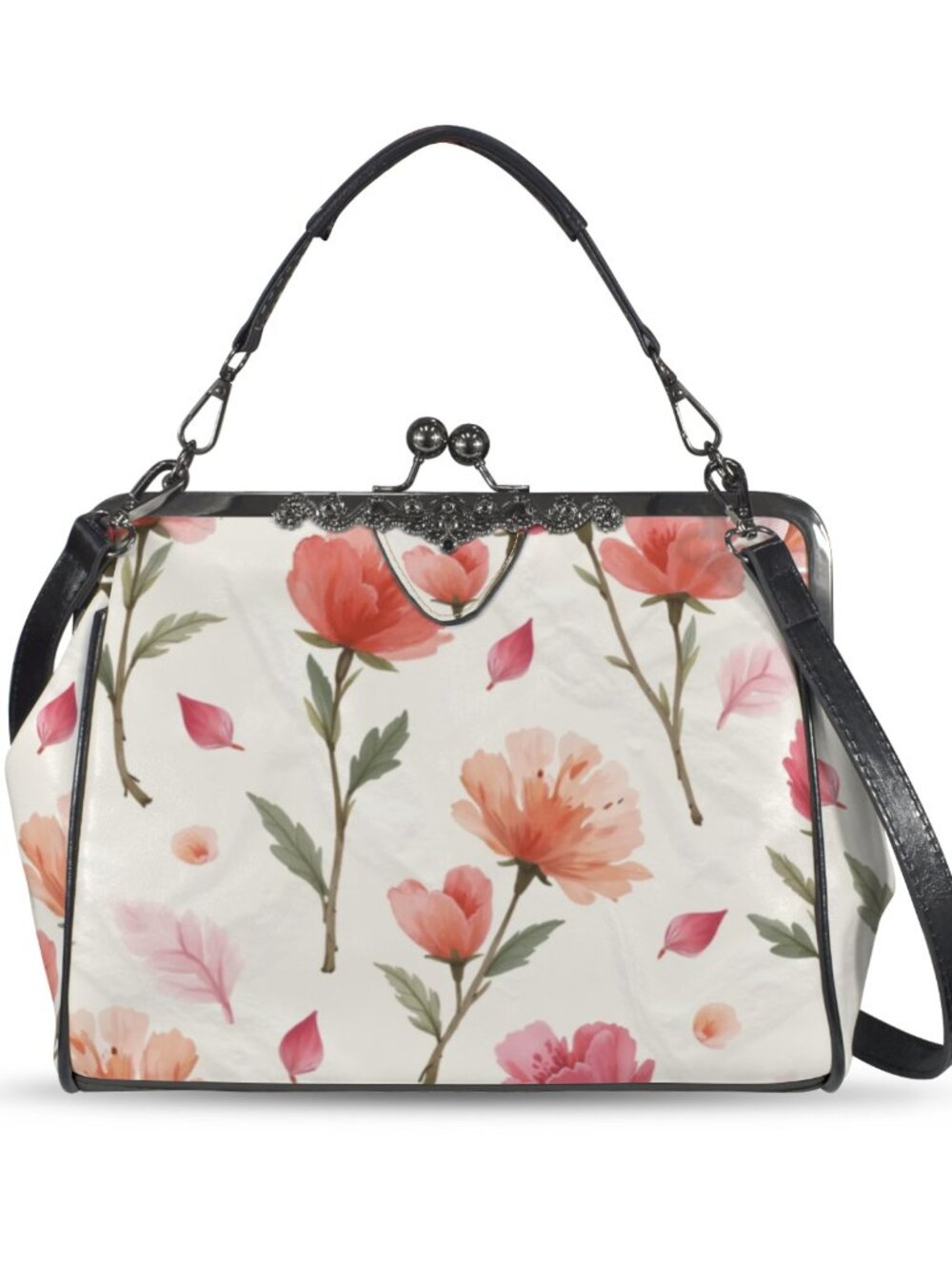 🌹Rose Floral Kisslock Crossbody Bag Vintage Clasp Waxed PU Shoulder Purse👜 - Picture 8 of 11